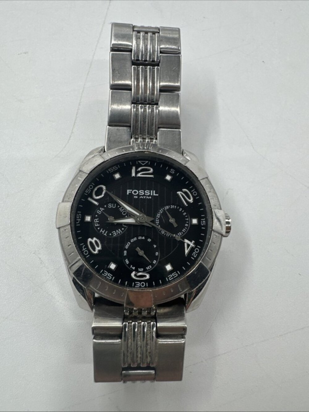 Fossil Mens Wrist Watch Stainless Steel 10ATM Black Dial Multi-function BQ9328